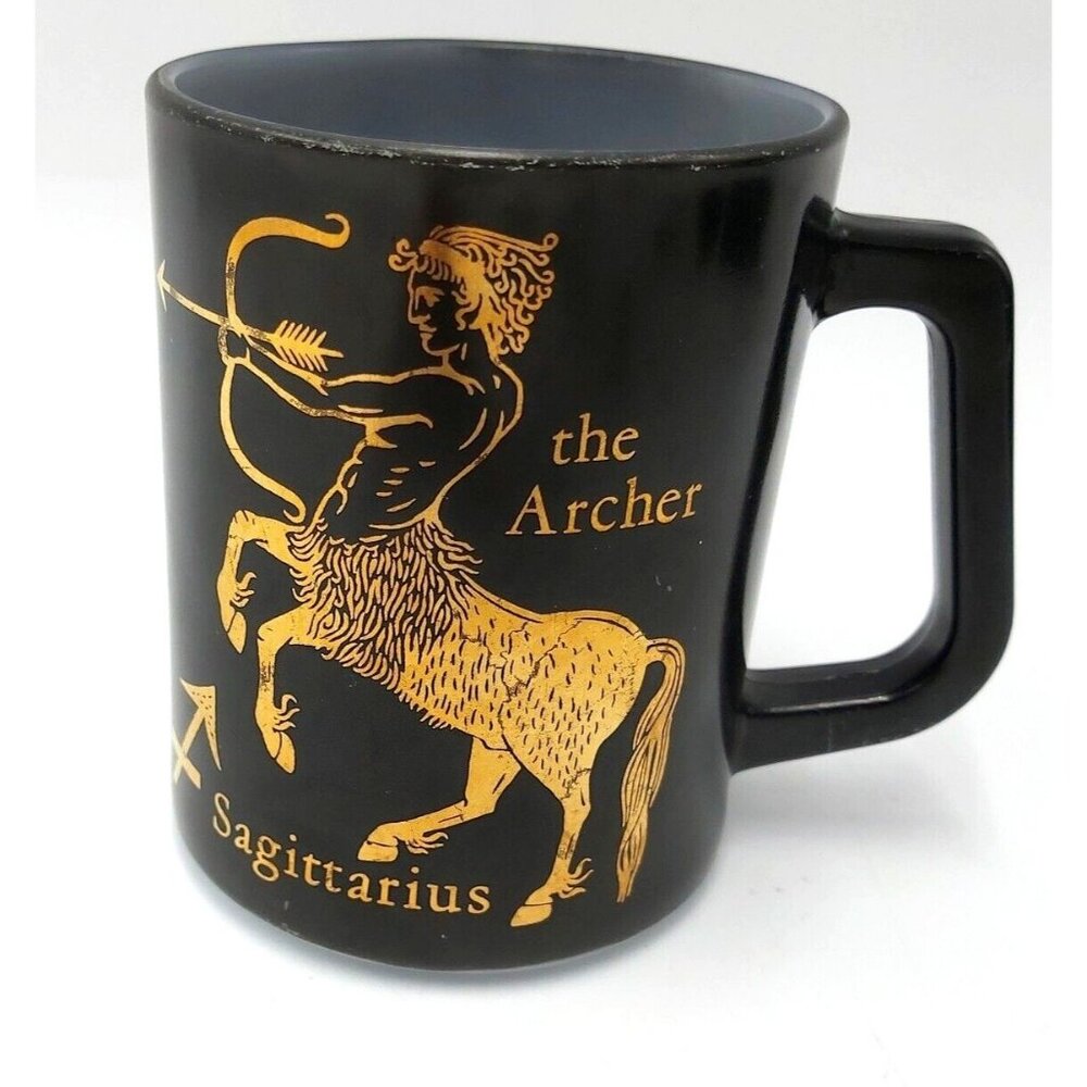 Federal Glass Zodiac Mug-Black and Gold-Milk Glass-1970s-Sagittarius the Archer